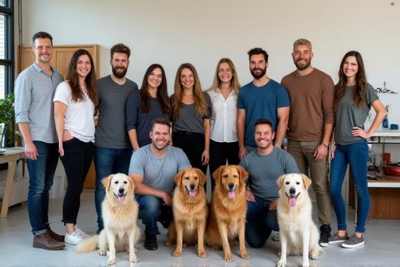 InuCraftデザインチームとスタジオで犬たちと一緒にいる集合写真