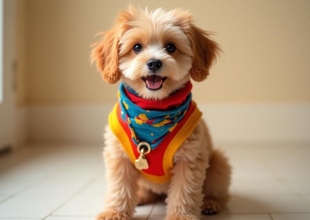 InuCraftのカラフルなリードと首輪・スカーフを着けた犬の写真