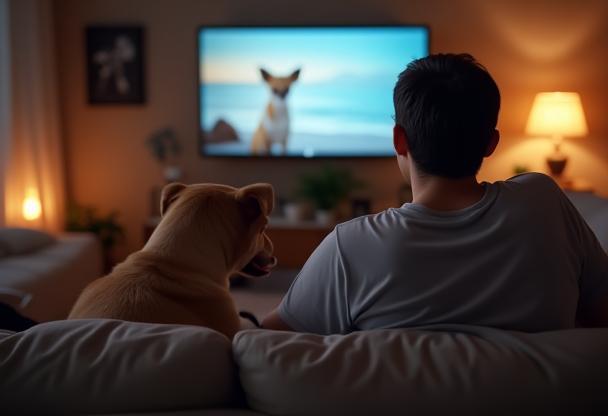 InuCraftの動画配信サービスを犬と観ている飼い主の様子